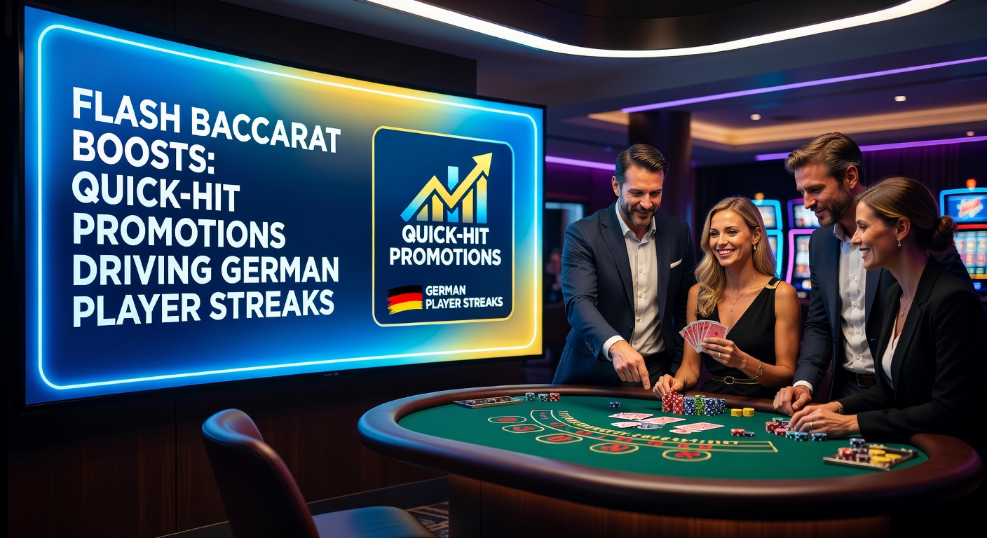 Deutscher Spieler am Baccarat-Tisch mit Blitz-Promotion-Overlay, das schnelle Boosts symbolisiert