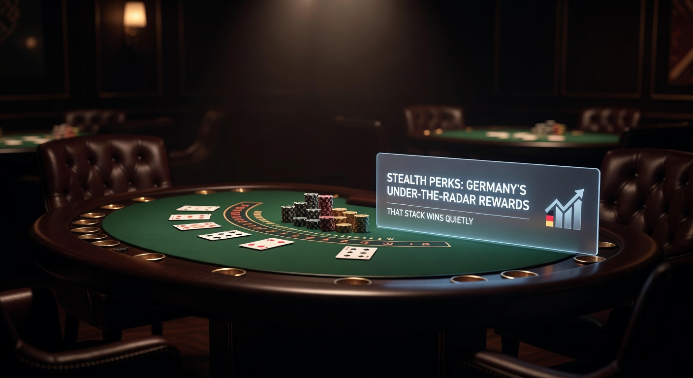 Grafik einer wachsenden Stapel von Spielchips, die Stealth-Perks im Baccarat darstellt, mit subtilen Icons für kumulierte Belohnungen auf einem deutschen Casino-Hintergrund